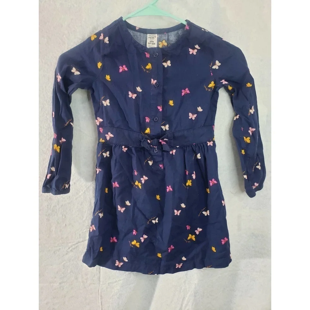 Carter's navy blue/butterflies size 6 dress. Faux tie detail.